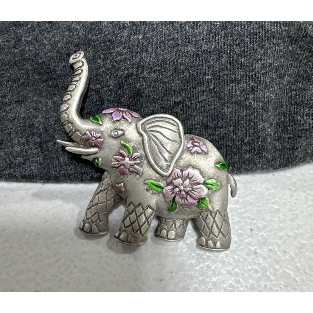 VTG JJ Jonette Jewelry Silver Pewter Elephant Purple Flowers Brooch Pin